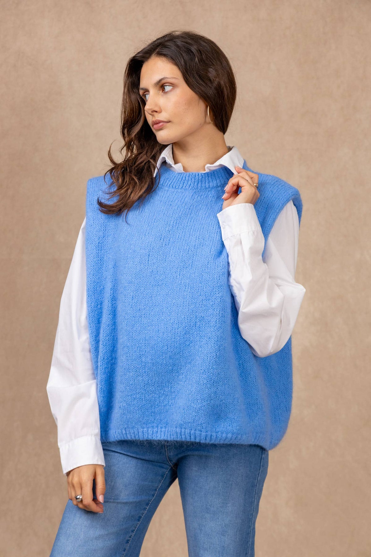 MOHAIR AND WOOL SLEEVELESS CREW NECK SWEATER: Navy Blue / One size