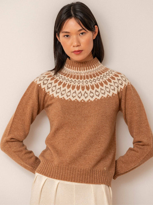 Maglione Martina BEL Cashmere in 100% cashmere, motivo Fair Isle, cammello, taglia S