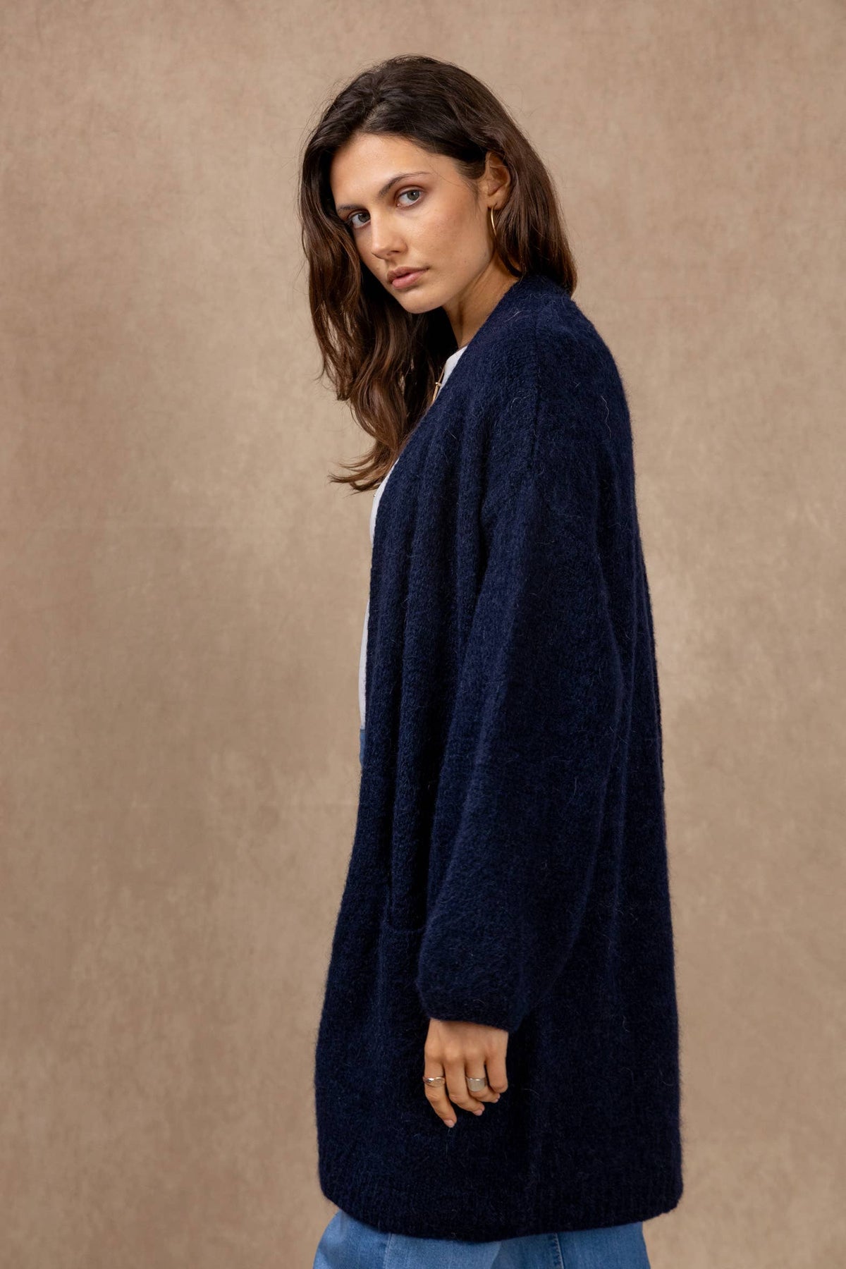 Long cardigan with long sleeves in mohair and wool: Bleu marine / Taille unique