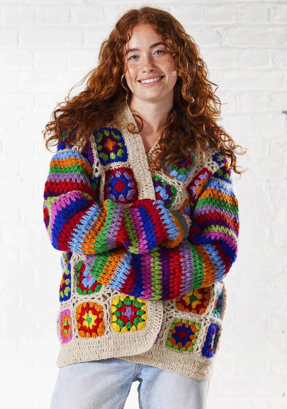 Crochet Rainbow Cardigan: Cream(C)