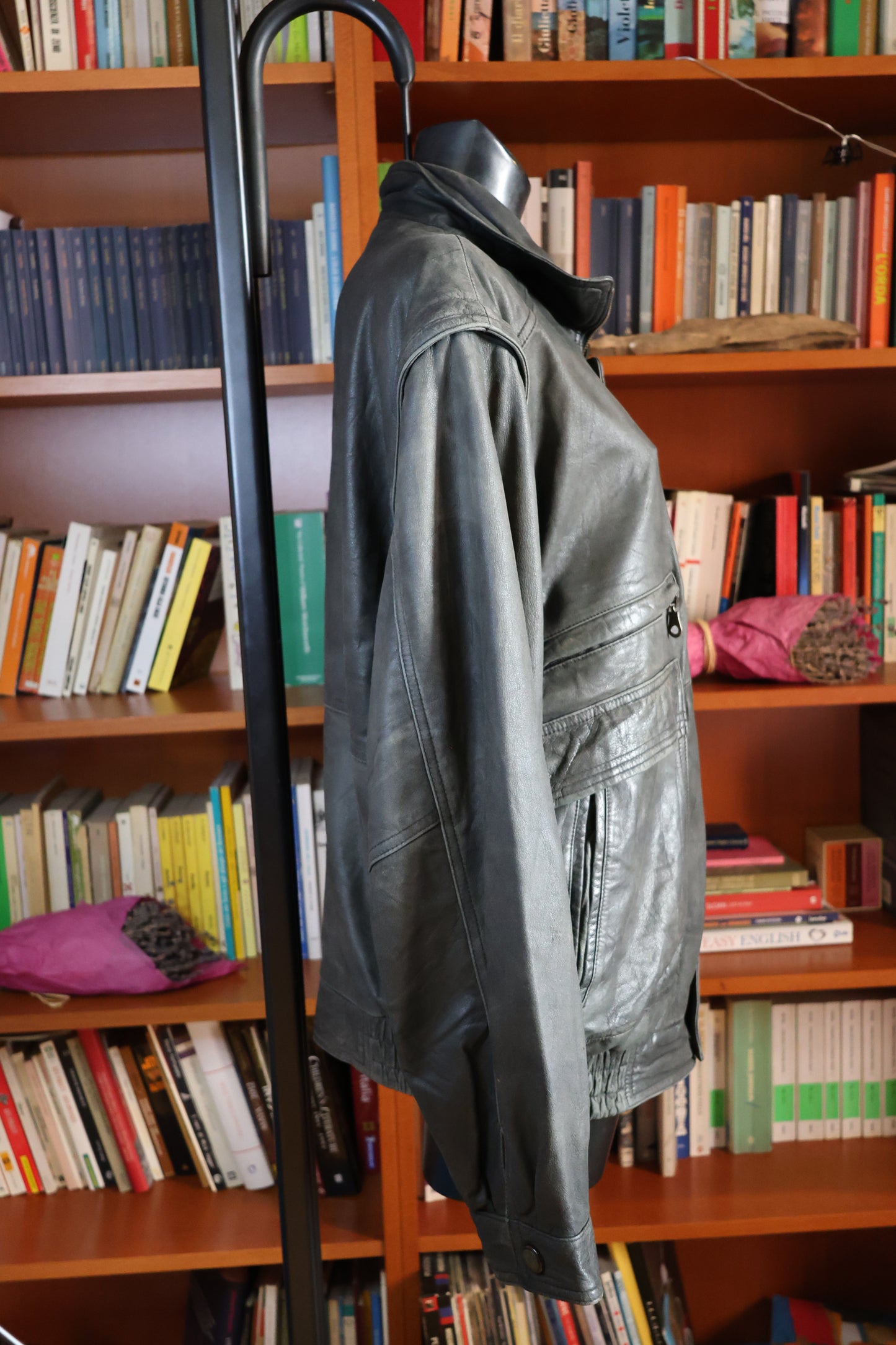 Washed out black leather bomber jacket