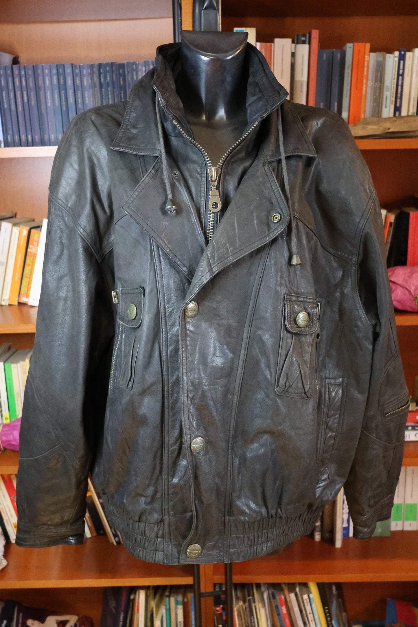 Black leather bomber jacket