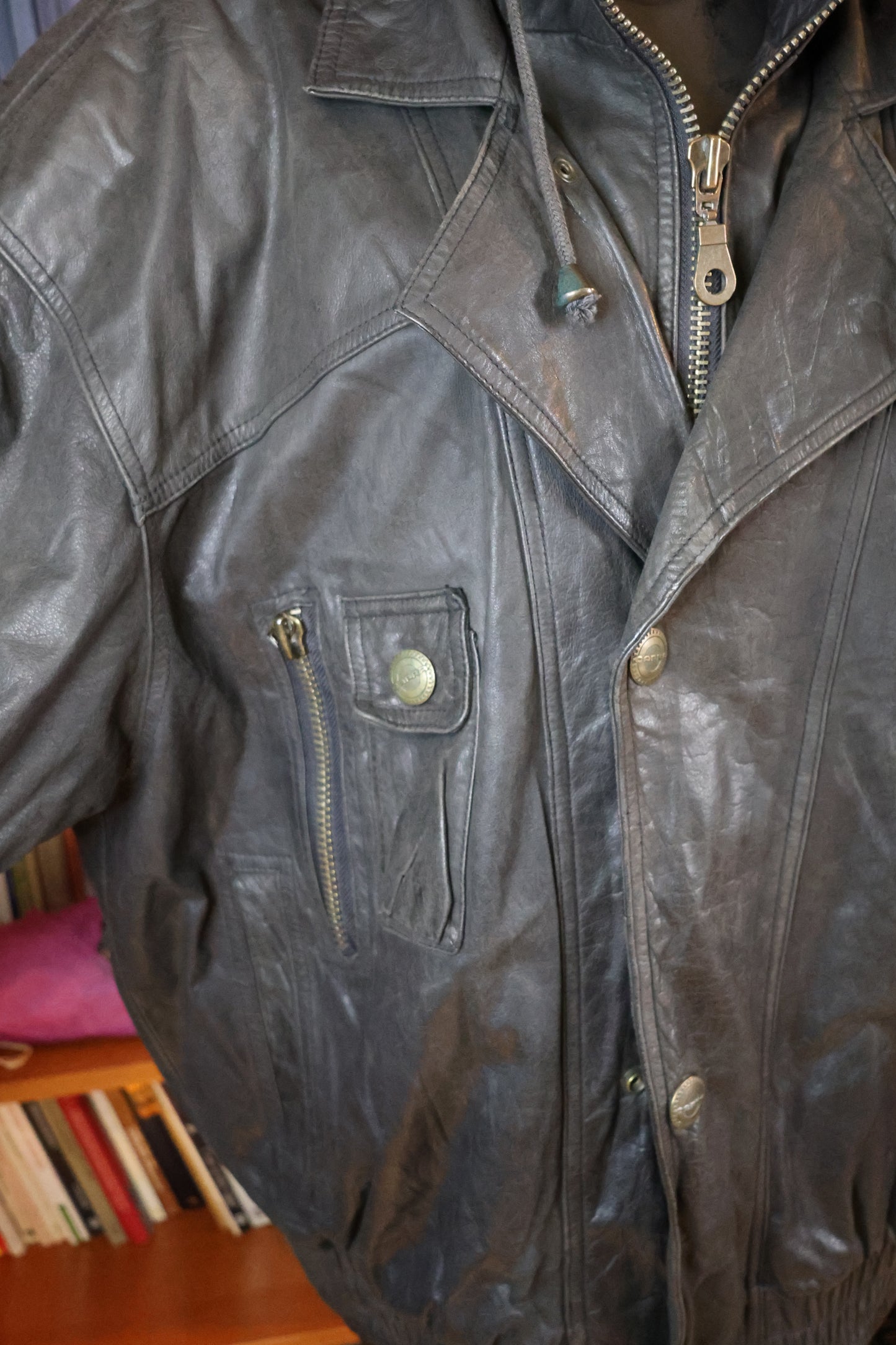 Black leather bomber jacket