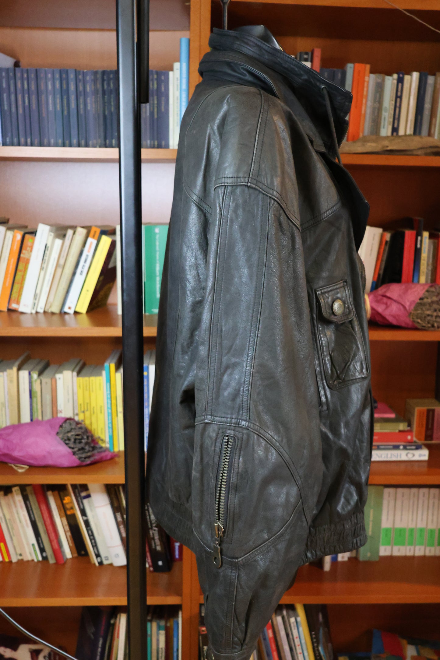 Black leather bomber jacket