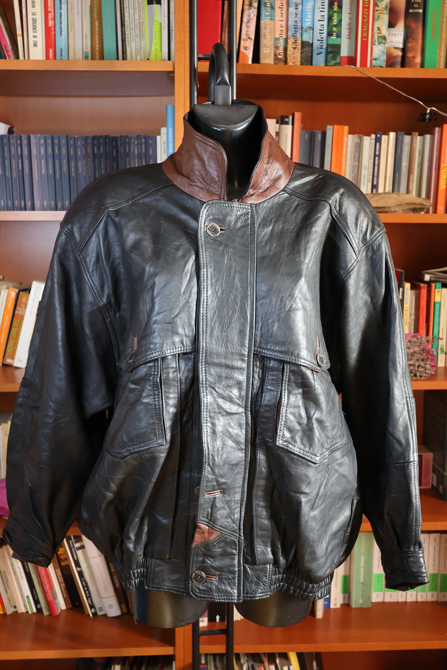 Black and brown leather bomber