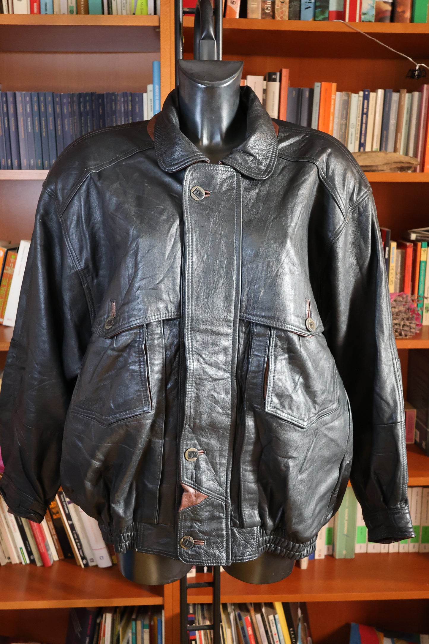 Black and brown leather bomber