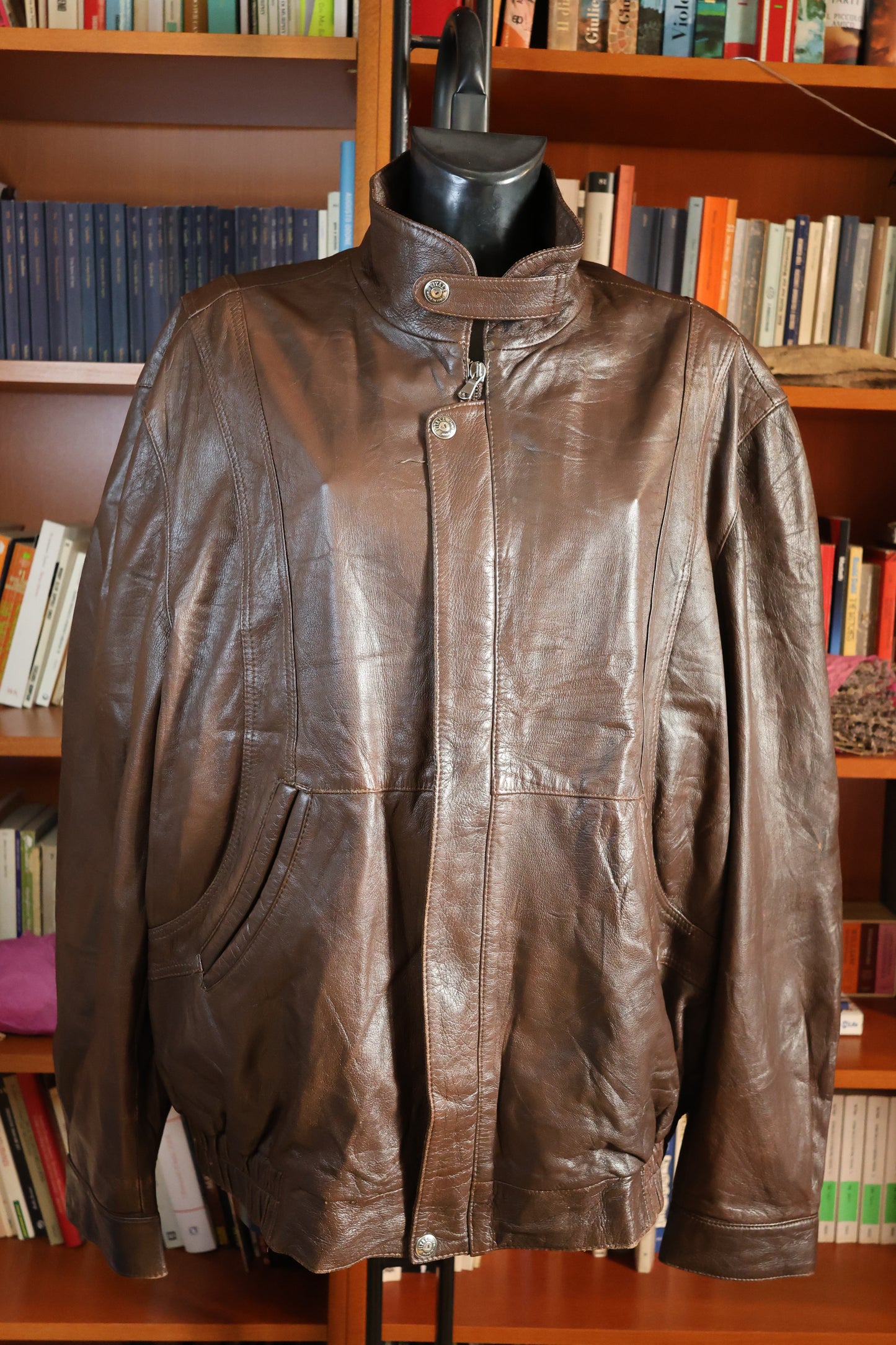 Brown leather bomber