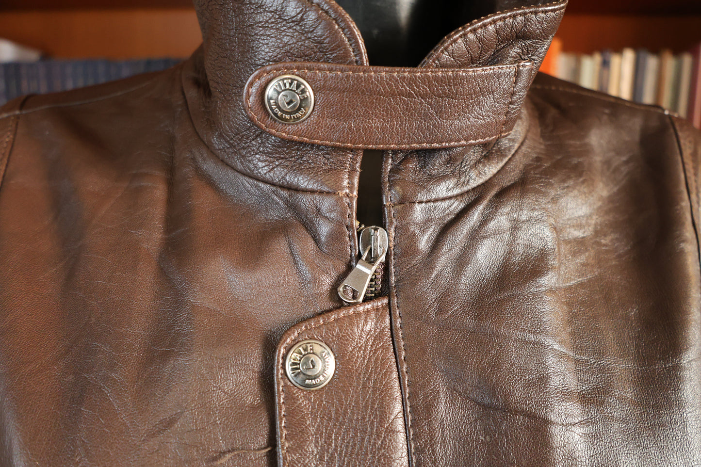 Brown leather bomber