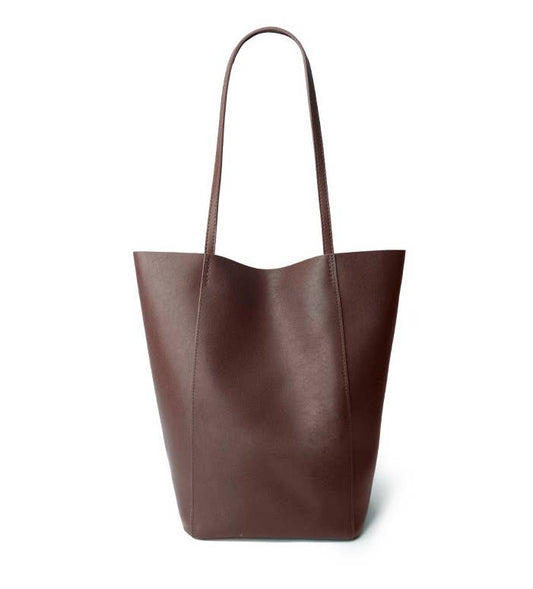 Genuine Leather Minimalism Bucket Shape Shoulder Tote Bag: Coffee