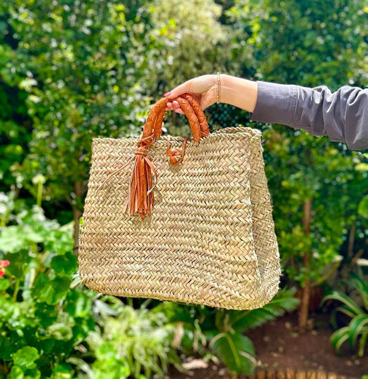 Moroccan Straw Basket With Leather Handle, Straw Beach Bag