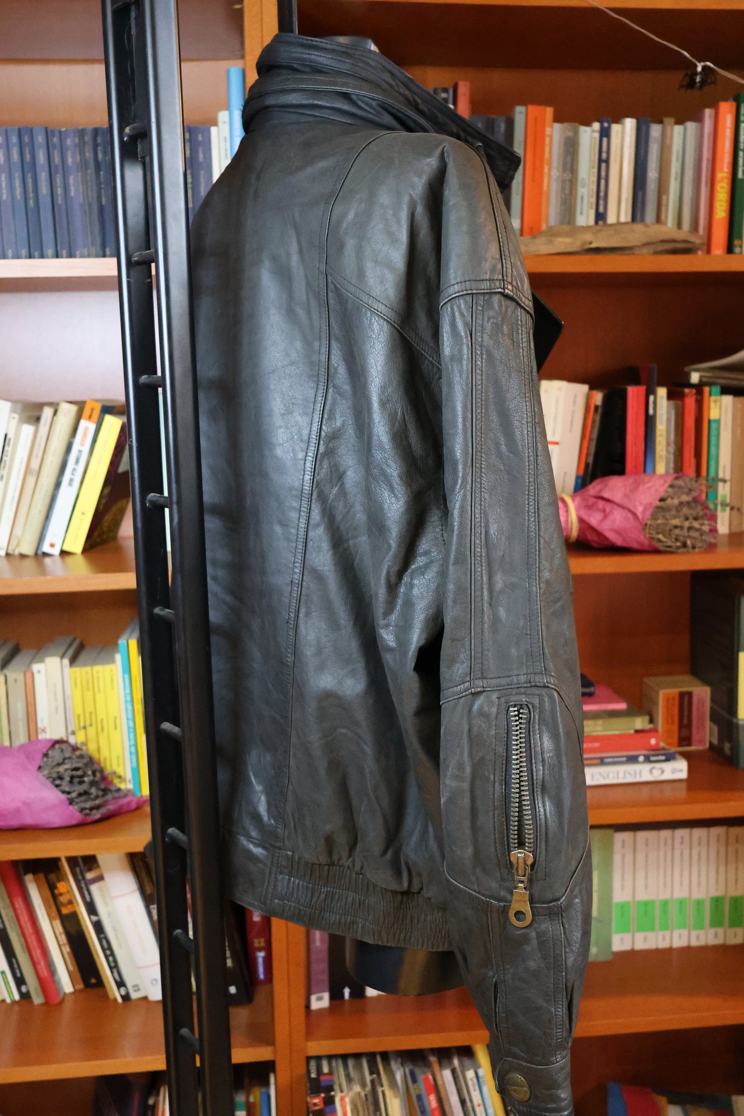 Black leather bomber jacket
