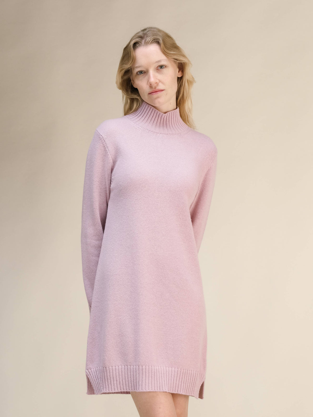 Cashmere Mix High Neck Midi Dress: Beige / M