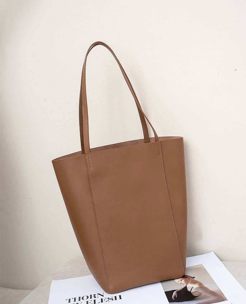 Genuine Leather Minimalism Bucket Shape Shoulder Tote Bag: Coffee