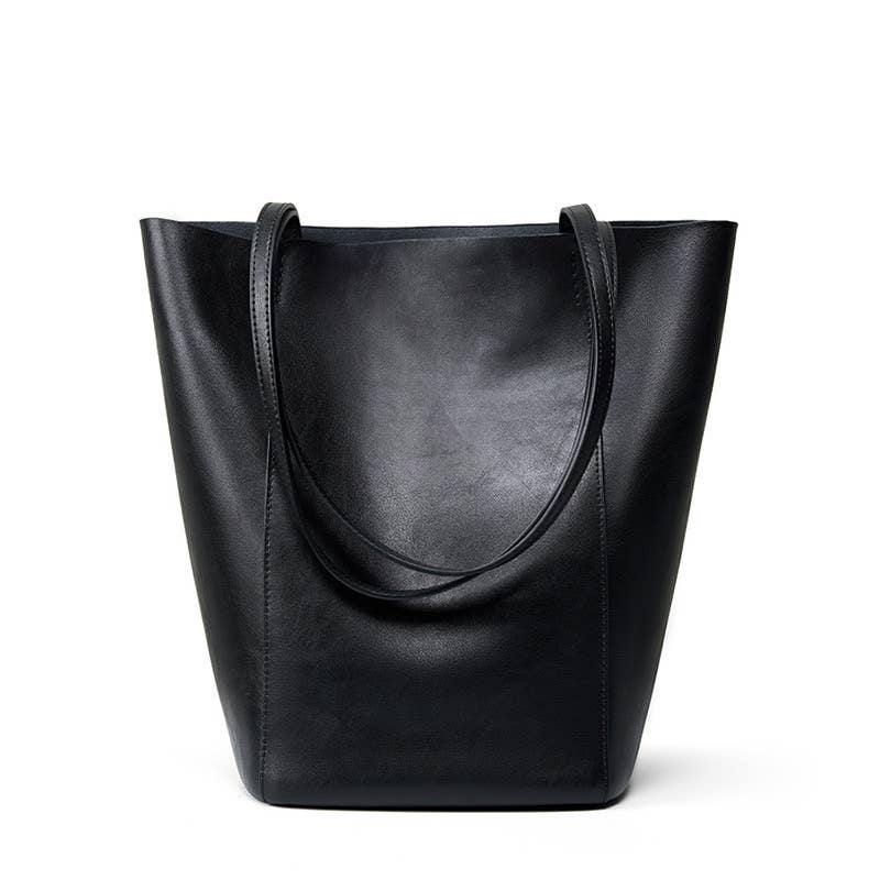 Genuine Leather Minimalism Bucket Shape Shoulder Tote Bag: Black