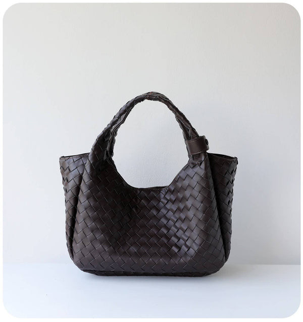 Hand-Woven Leather Bucket Shoulder Bag: Coffee