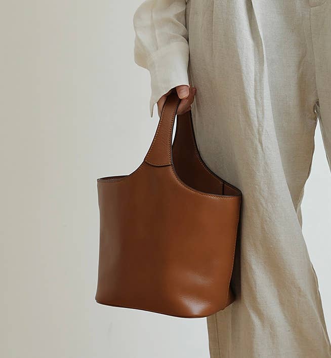 Elle - Minimalism Style Genuine Leather Bucket Shape Bag: Brown