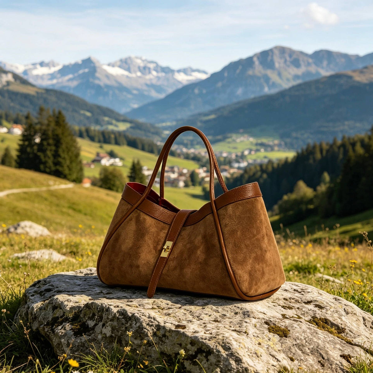 Medium suede bag in real leather Made in Italy 34x20x15: Marrone scuro