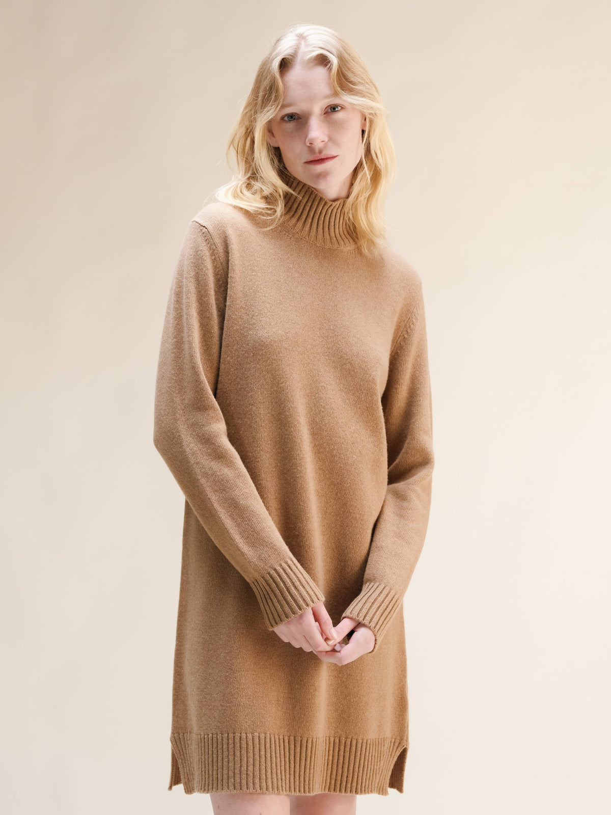 Cashmere Mix High Neck Midi Dress: Beige / M