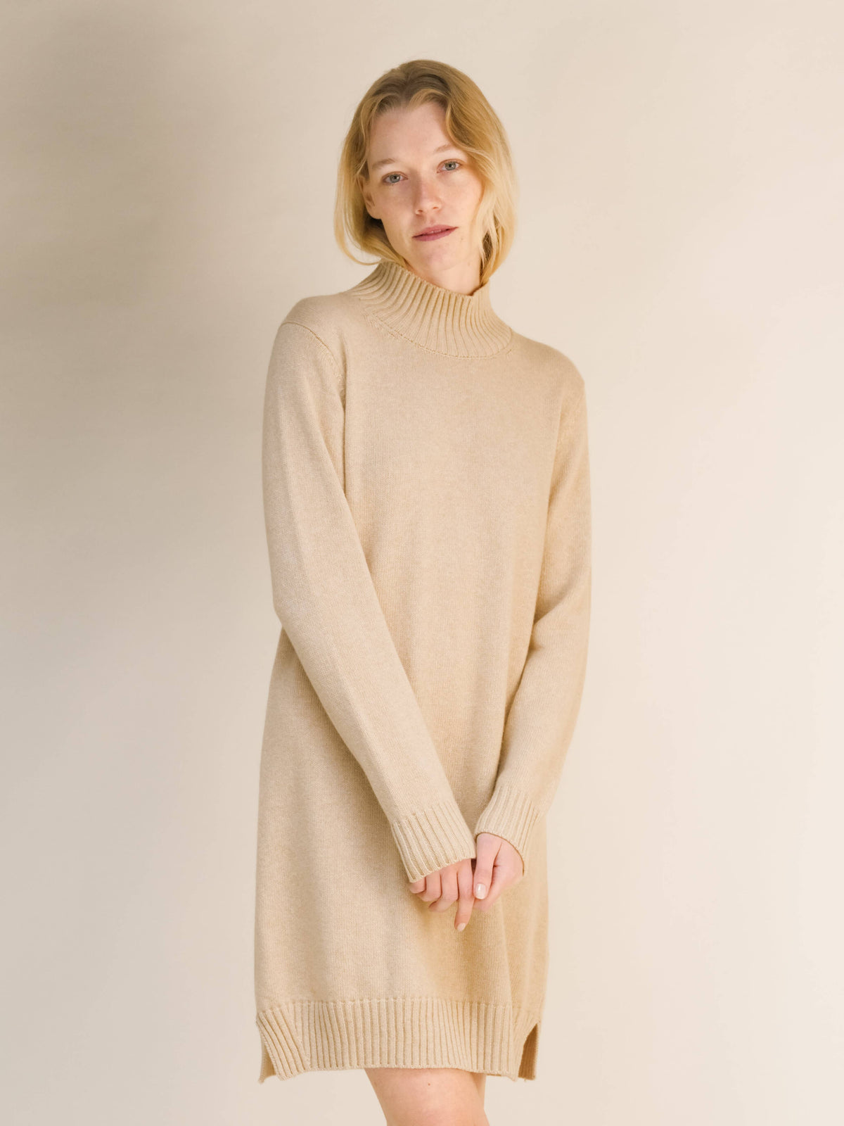 Cashmere Mix High Neck Midi Dress: Beige / M