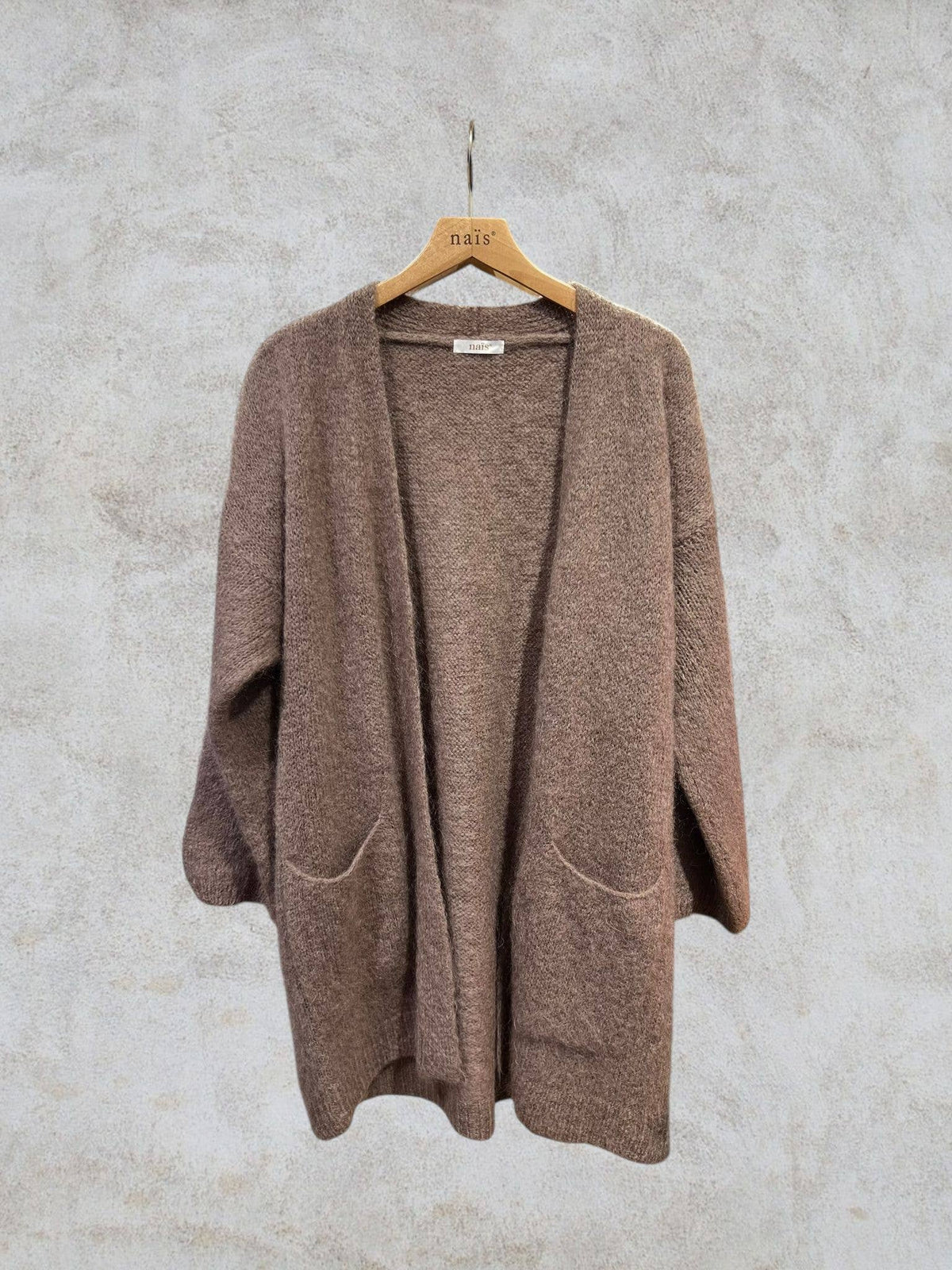 Long cardigan with long sleeves in mohair and wool: Bleu marine / Taille unique