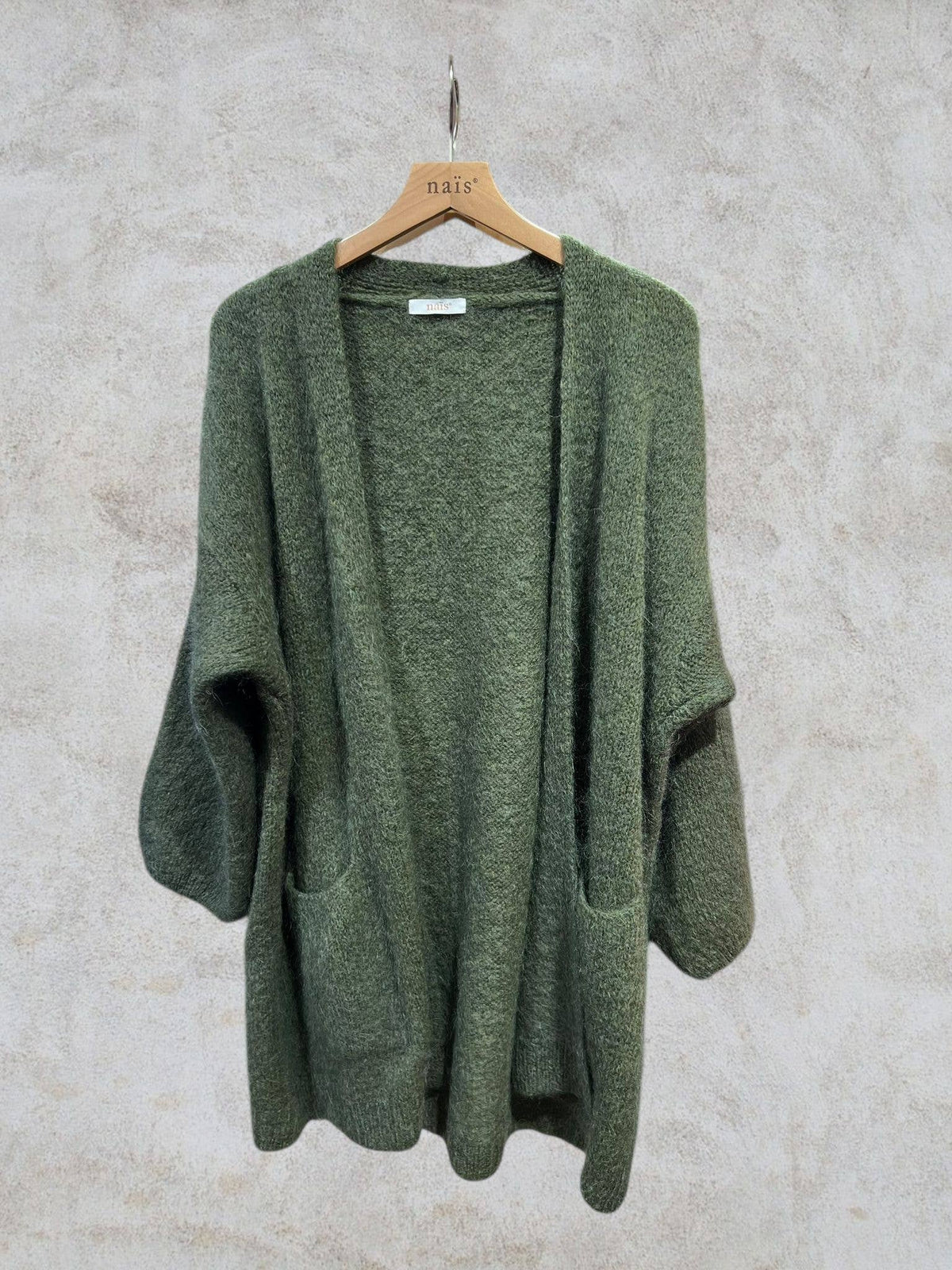 Long cardigan with long sleeves in mohair and wool: Bleu marine / Taille unique