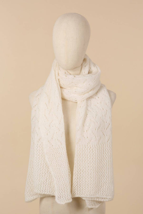 OPENWORK MOHAIR WOOL SHAWL: Ecru