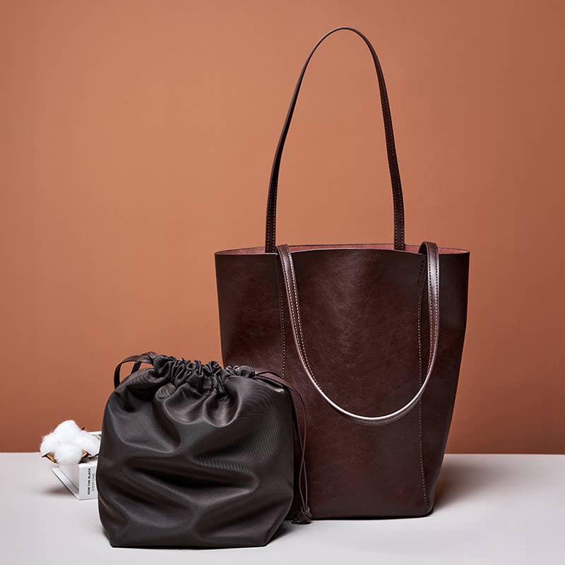 Genuine Leather Minimalism Bucket Shape Shoulder Tote Bag: Black
