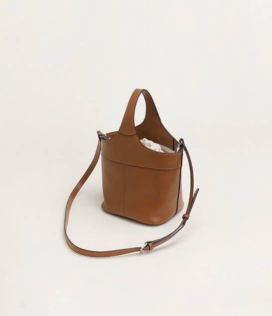 Elle - Minimalism Style Genuine Leather Bucket Shape Bag: Brown