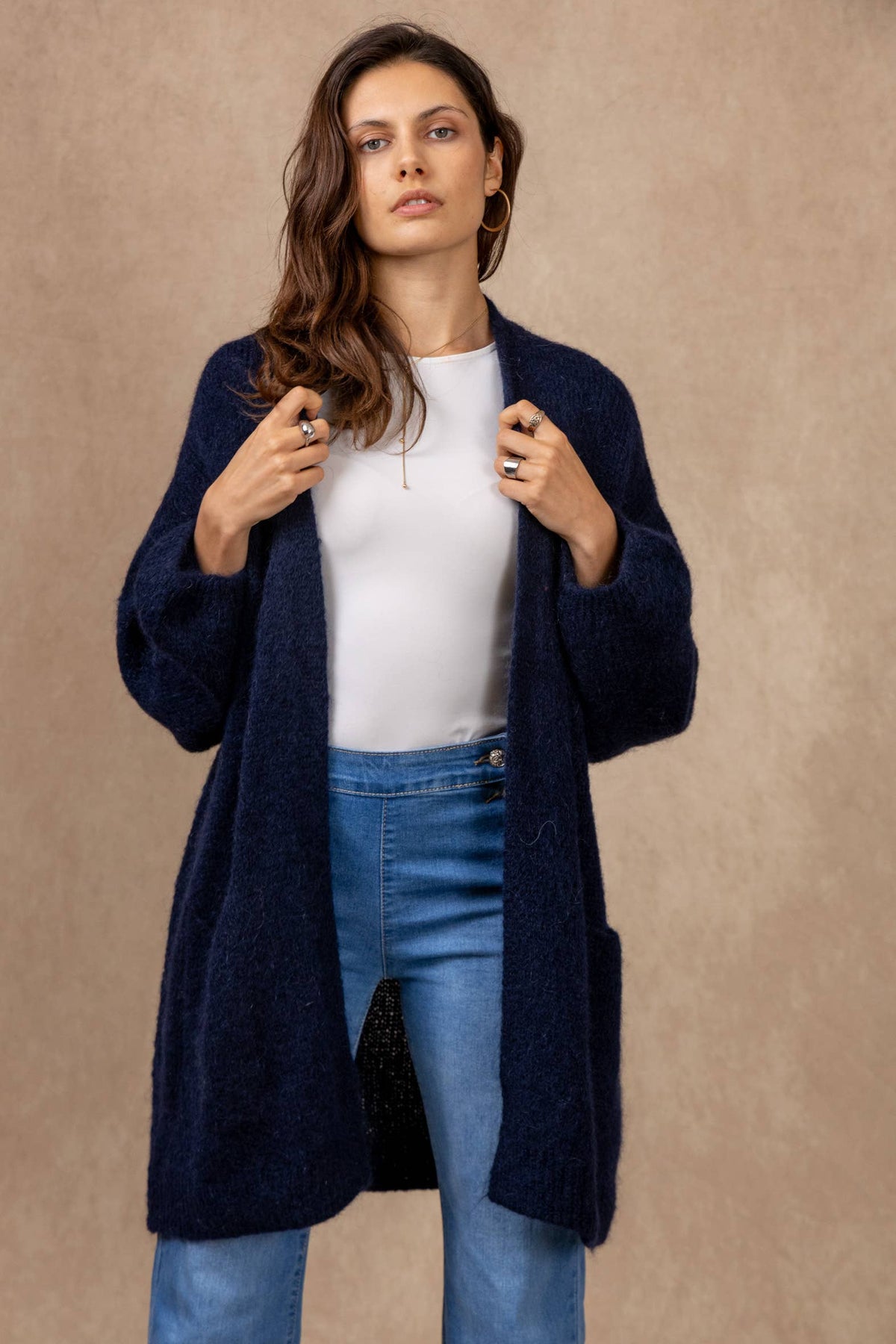 Long cardigan with long sleeves in mohair and wool: Noir / Taille unique