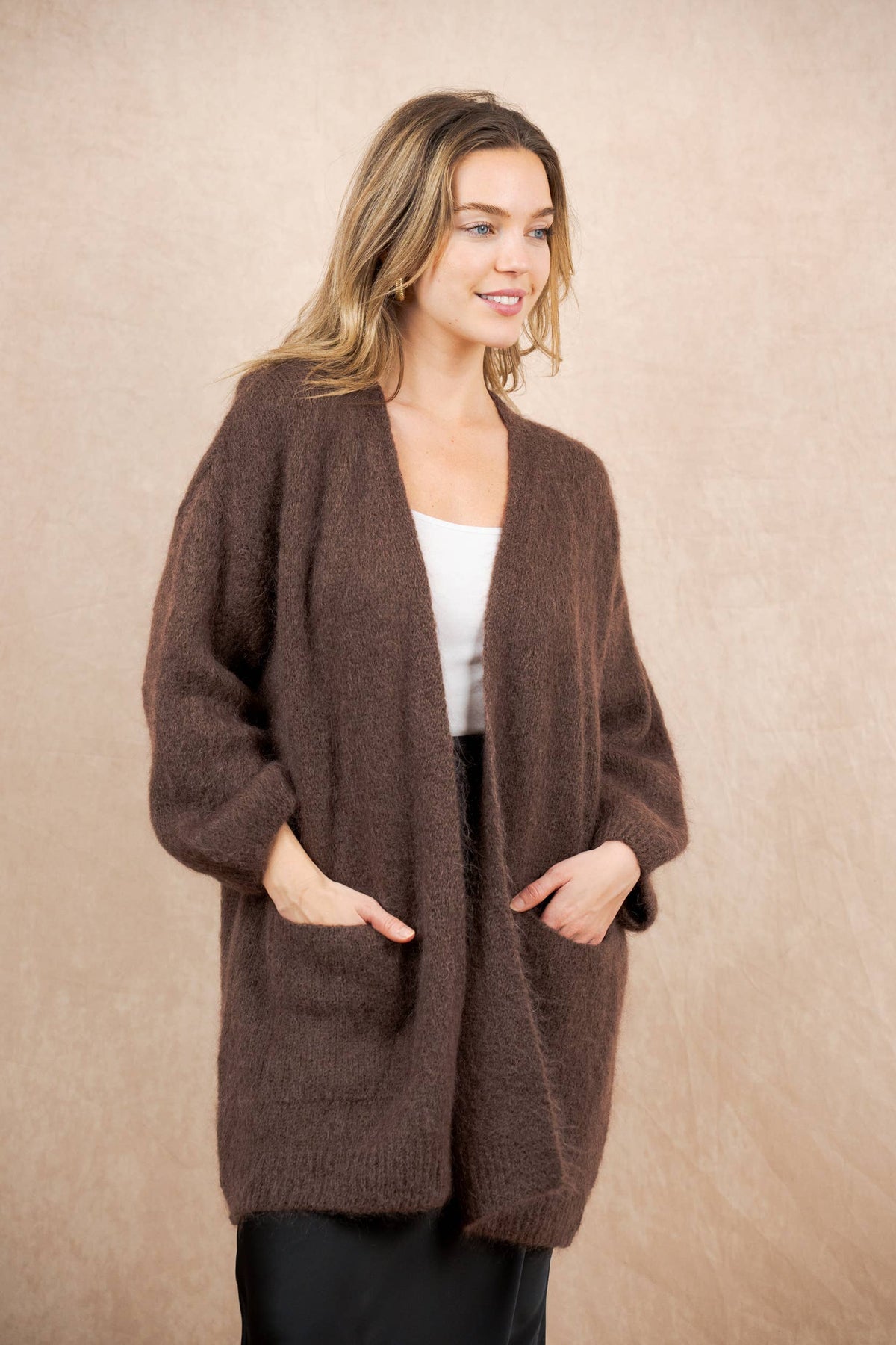 Long cardigan with long sleeves in mohair and wool: Bleu marine / Taille unique