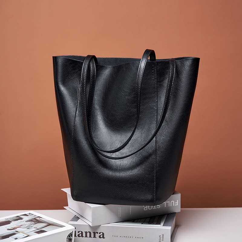 Genuine Leather Minimalism Bucket Shape Shoulder Tote Bag: Black