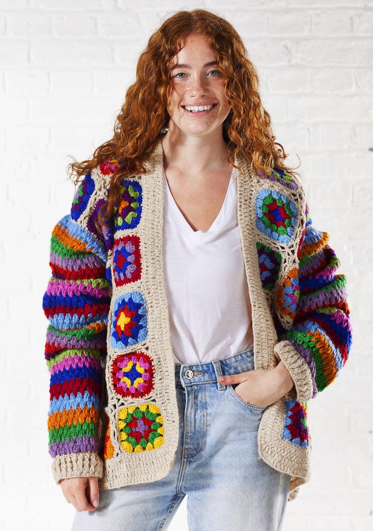 Crochet Rainbow Cardigan: Cream(C)