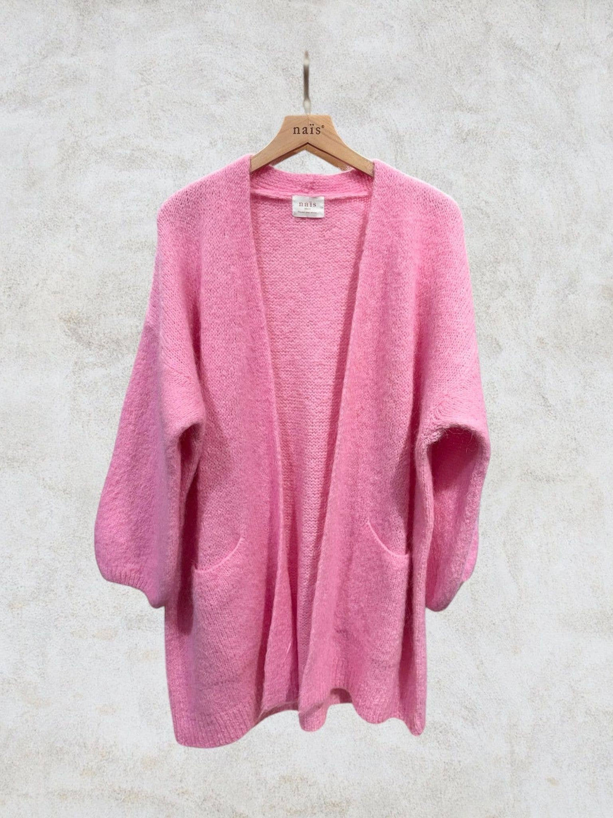 Long cardigan with long sleeves in mohair and wool: Bleu marine / Taille unique