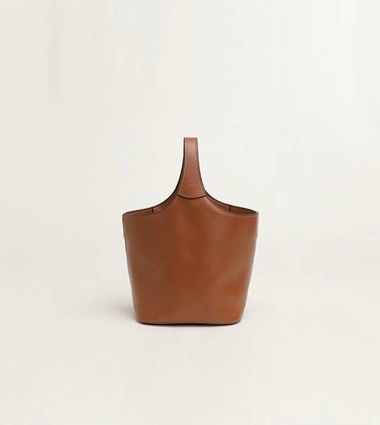 Elle - Minimalism Style Genuine Leather Bucket Shape Bag: Brown