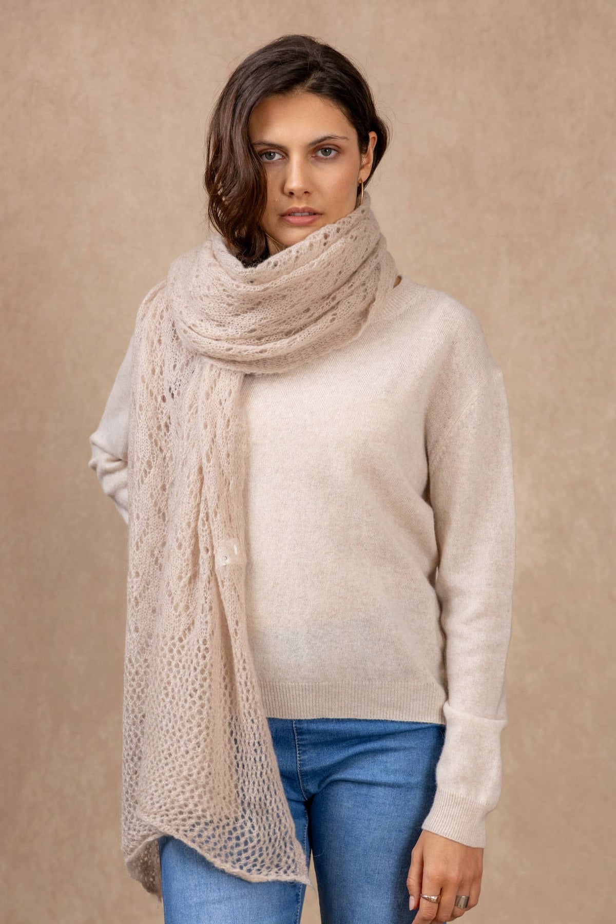 OPENWORK MOHAIR WOOL SHAWL: Ecru