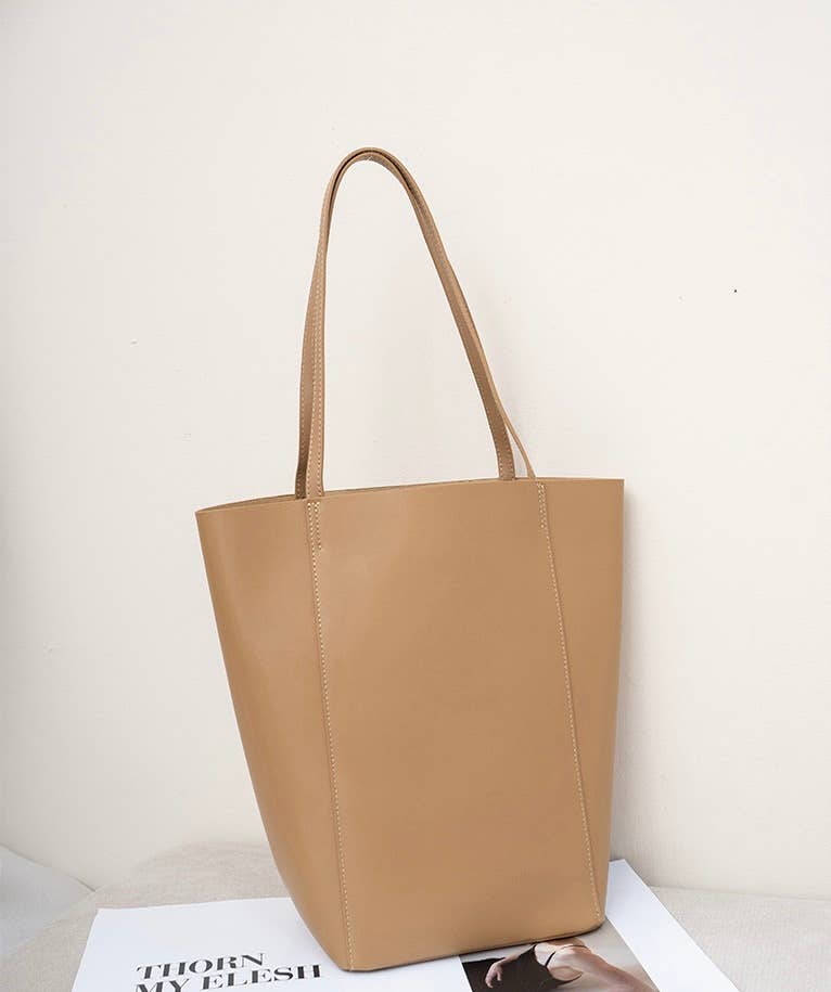 Genuine Leather Minimalism Bucket Shape Shoulder Tote Bag: Coffee