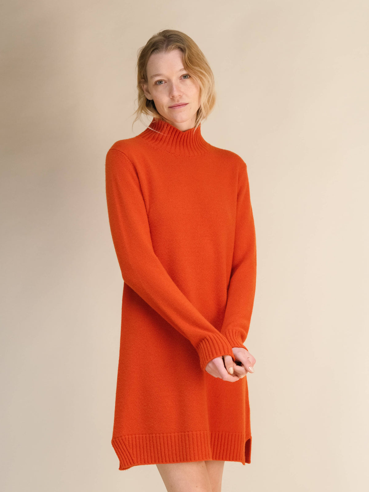 Cashmere Mix High Neck Midi Dress: Red / S