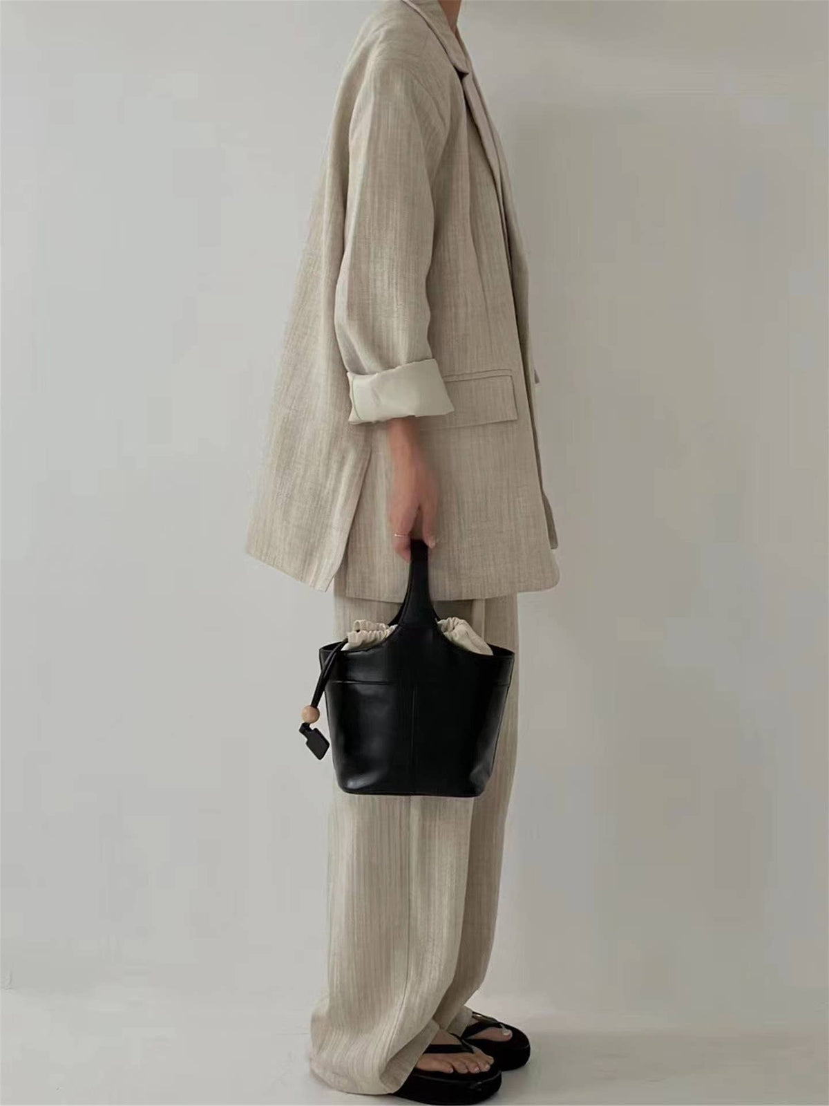 Elle - Minimalism Style Genuine Leather Bucket Shape Bag: Brown