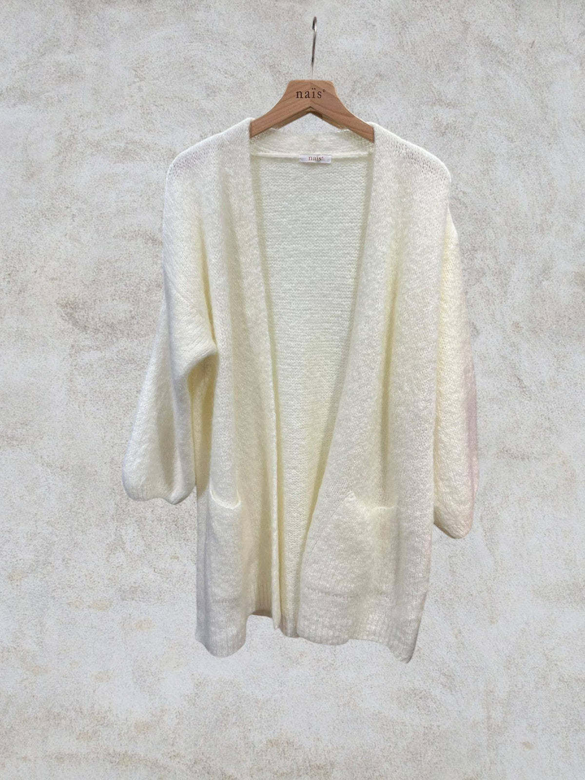 Long cardigan with long sleeves in mohair and wool: Bleu marine / Taille unique