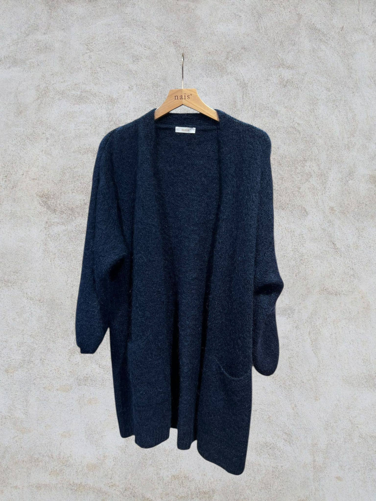 Long cardigan with long sleeves in mohair and wool: Bleu marine / Taille unique