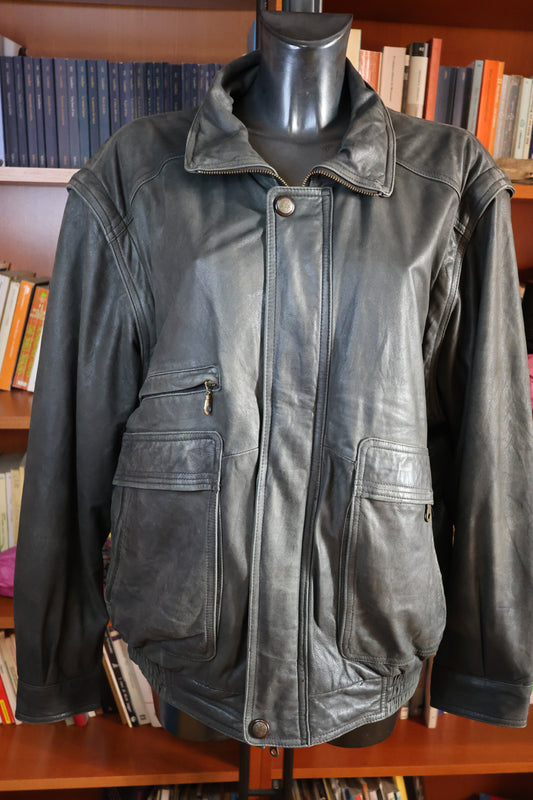 Washed out black leather bomber jacket