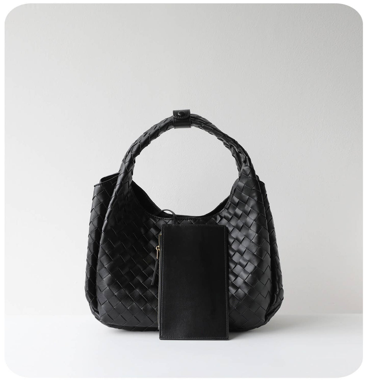 Hand-Woven Leather Bucket Shoulder Bag: Coffee