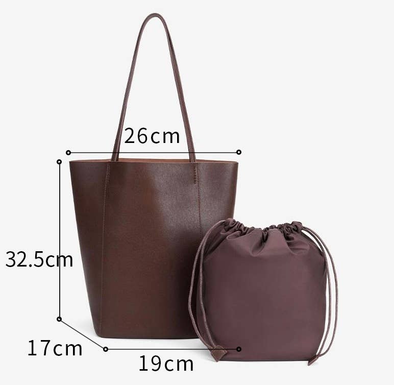 Genuine Leather Minimalism Bucket Shape Shoulder Tote Bag: Black