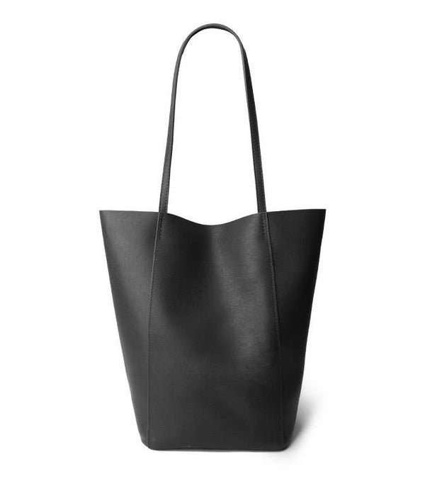 Genuine Leather Minimalism Bucket Shape Shoulder Tote Bag: Black