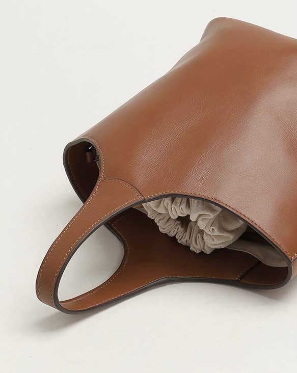 Elle - Minimalism Style Genuine Leather Bucket Shape Bag: Brown