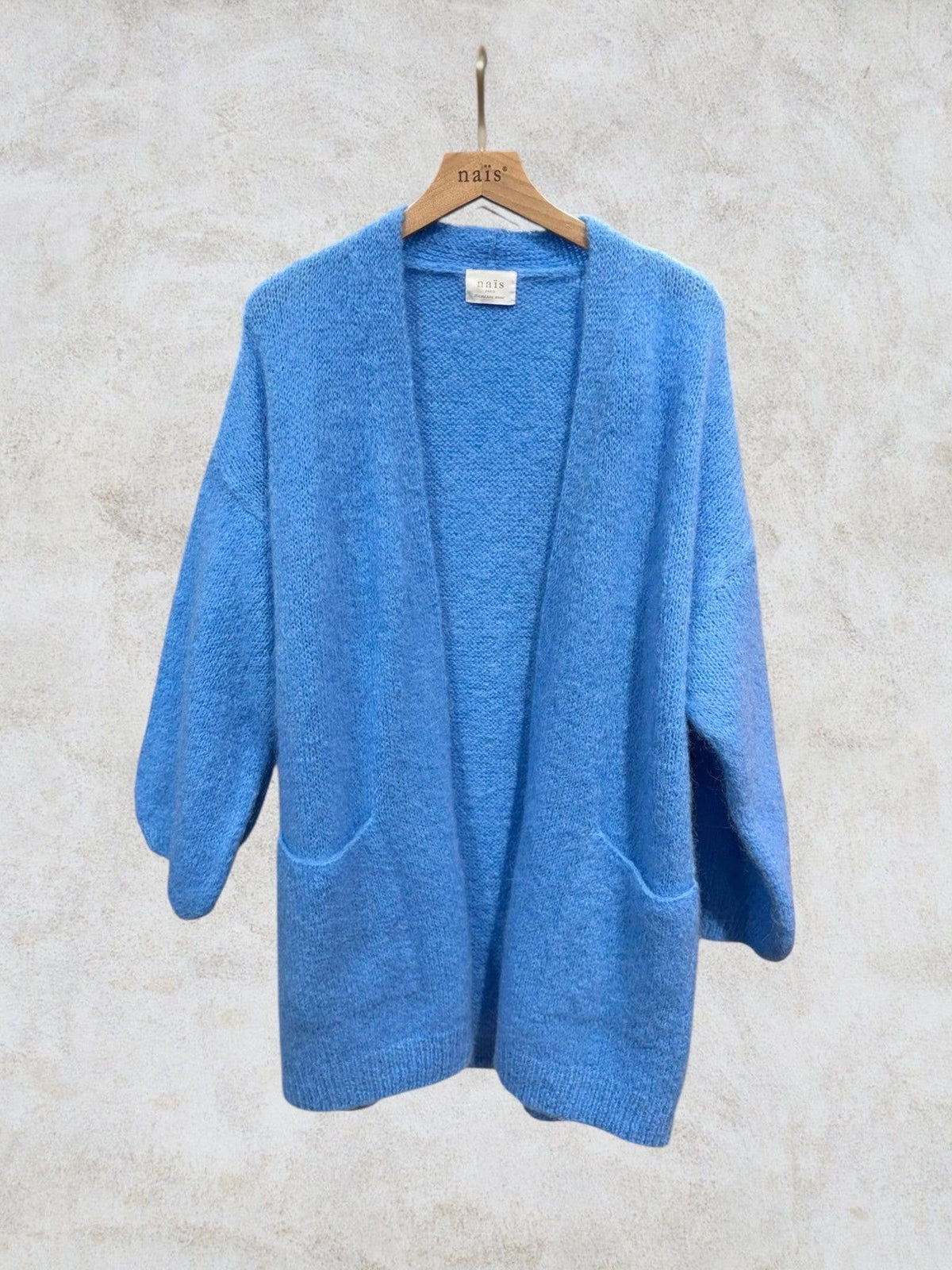 Long cardigan with long sleeves in mohair and wool: Bleu marine / Taille unique