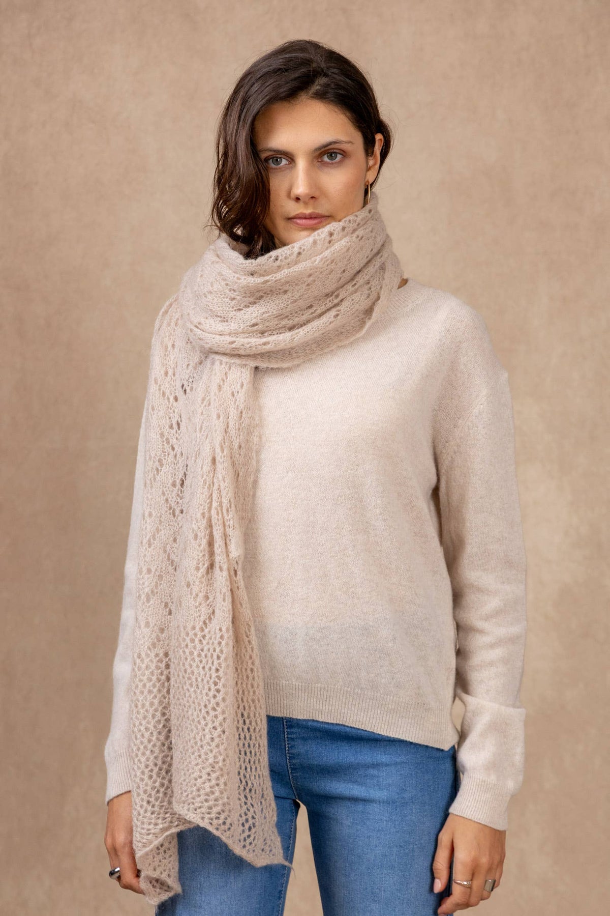 OPENWORK MOHAIR WOOL SHAWL: Ecru