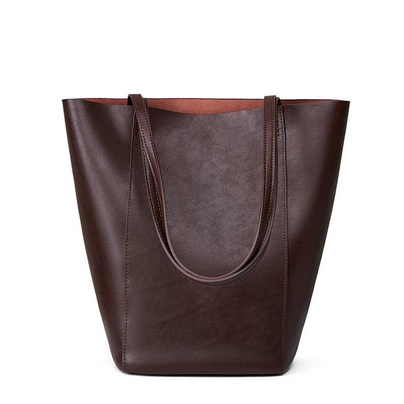 Genuine Leather Minimalism Bucket Shape Shoulder Tote Bag: Coffee