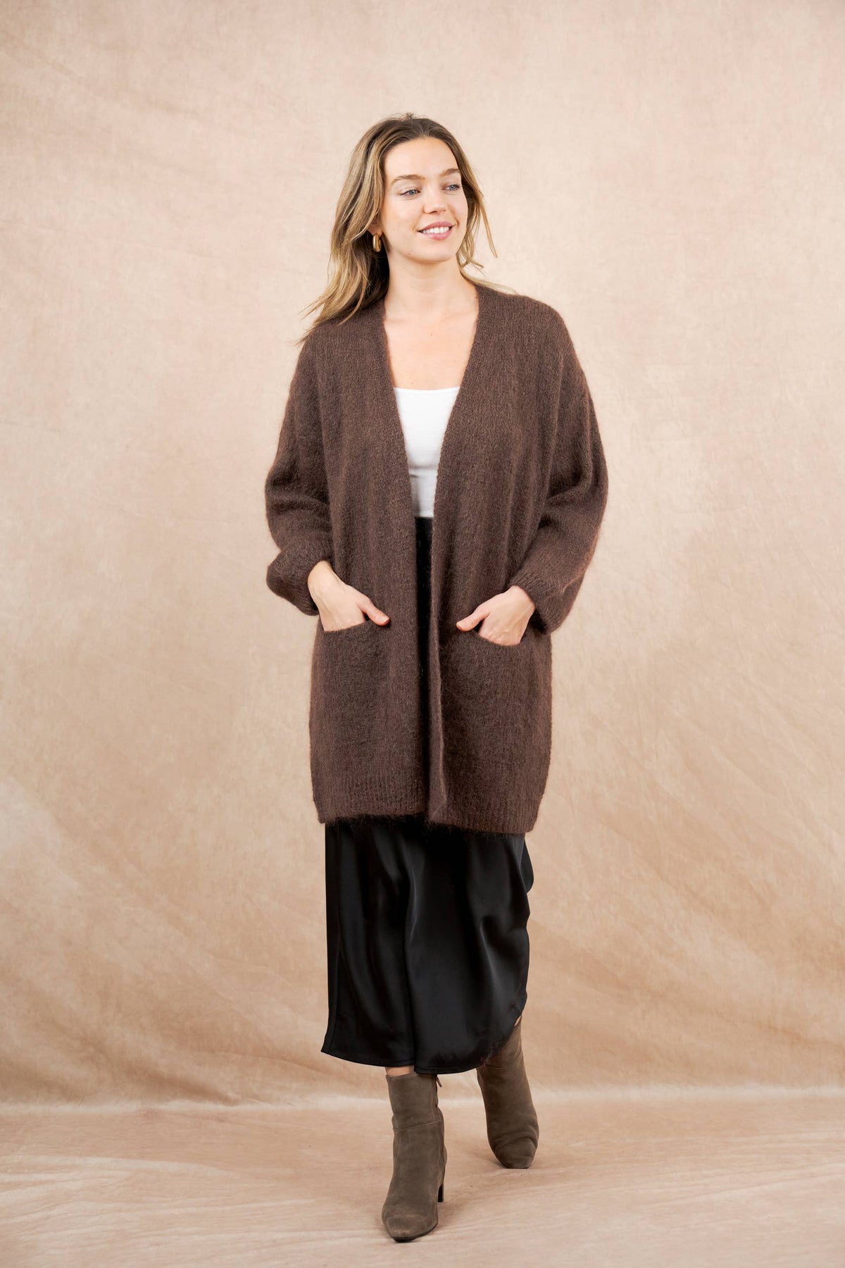Long cardigan with long sleeves in mohair and wool: Bleu marine / Taille unique