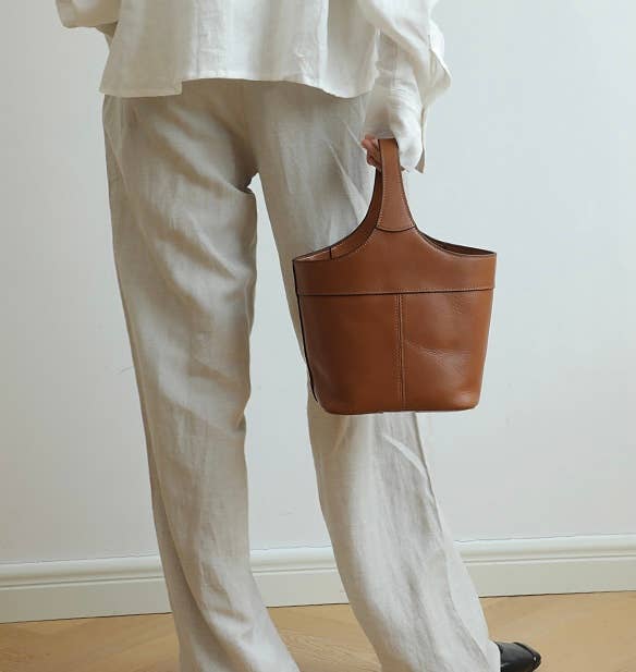 Elle - Minimalism Style Genuine Leather Bucket Shape Bag: Brown